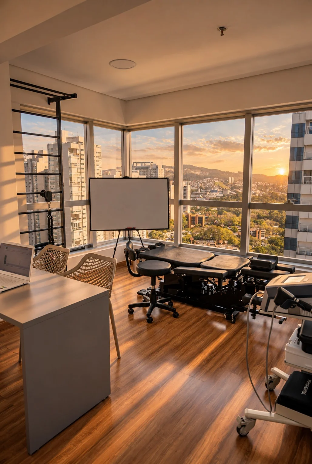 Ambiente da clínica com mesa de avaliação, maca e vista para a cidade